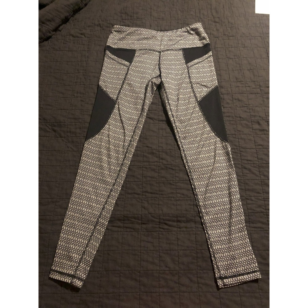Fit & Famous Womens Black‎ White Geometric Dash Mesh Panel Athletic Leggings M